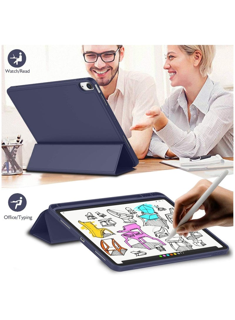 كفر حماية لجهاز ايباد AIR 4 10.9 بوصة  مع حامل(2022/2020) مع حامل  قلم ذكي ،غطاء ذكي رفيع بمسند اغلاق/تشغيل الشاشة تلقائي ومعرف اللمس ، حافظة شفافة مع إيقاظ / نوم تلقائي ، أزرق داكن - Image 4