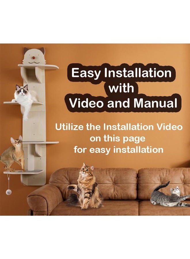 Vissmarta Wall-Mounted Cat Tree, 4-Tier Climbing Tower with Scratching Post, Beige Cat-Face Design - Image 4