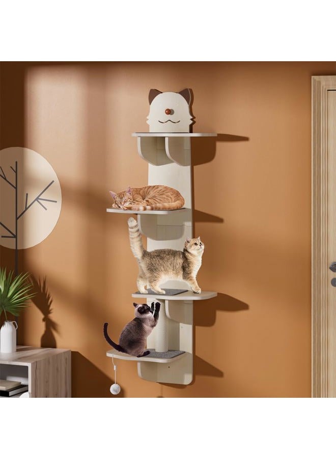 Vissmarta Wall-Mounted Cat Tree, 4-Tier Climbing Tower with Scratching Post, Beige Cat-Face Design - Image 1