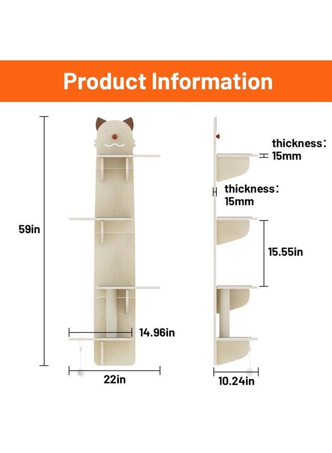 Vissmarta Wall-Mounted Cat Tree, 4-Tier Climbing Tower with Scratching Post, Beige Cat-Face Design - Image 5
