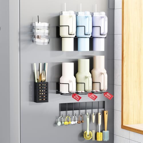 Aufworld Magnetic Cup Holder for Fridge, Aufworld Tumbler Organizer with 8-Hook Rack, Fits 20/30/40 oz Stanley Cups, Accessory Storage with Lid & Straw Holder, Water Bottle Organizer for Kitchen Refrigerator - Image 1