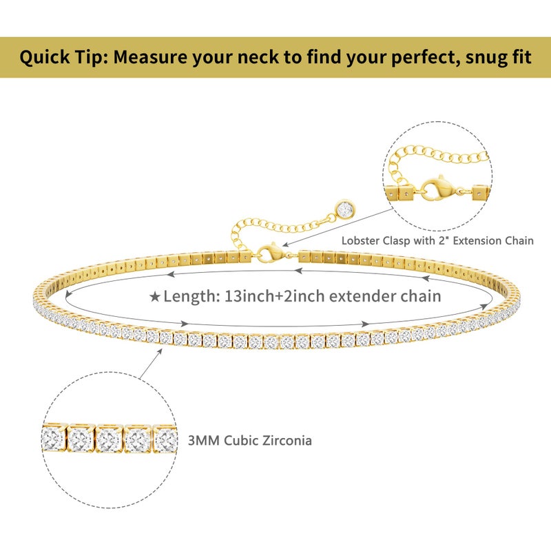 Robaice Tennis Necklace for Women, 14K Gold Plated Rhinestone Choker Necklace for Women, Dainty Cubic Zirconia Cut Faux Diamond Chain 3mm - Image 5