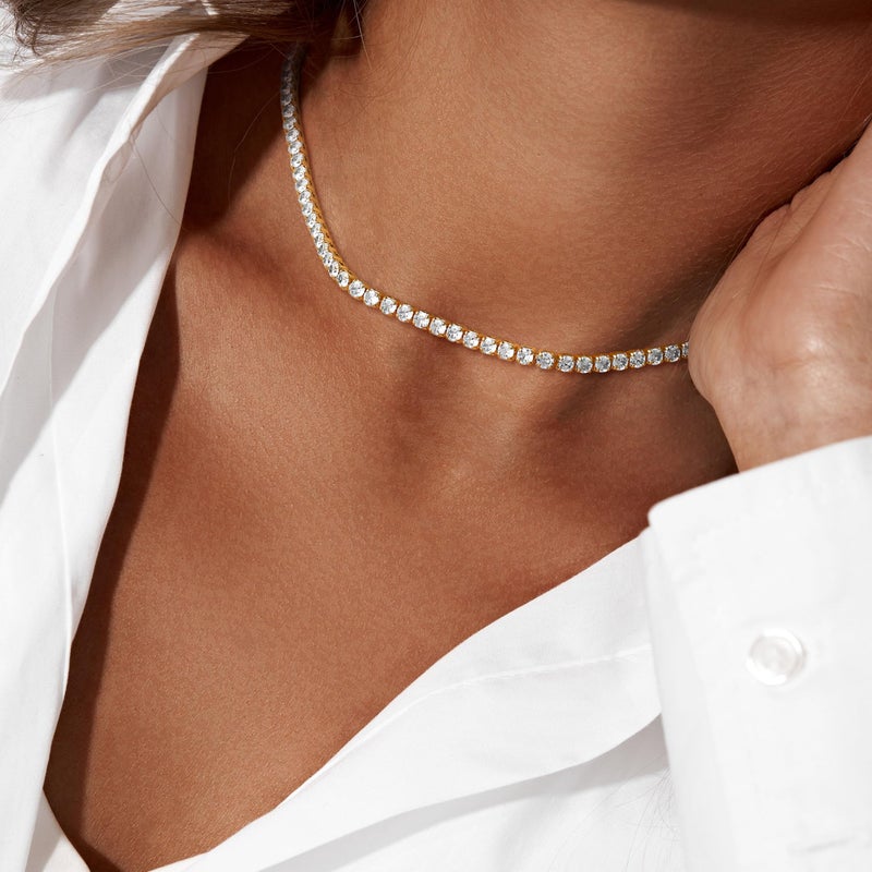 Robaice Tennis Necklace for Women, 14K Gold Plated Rhinestone Choker Necklace for Women, Dainty Cubic Zirconia Cut Faux Diamond Chain 3mm - Image 2