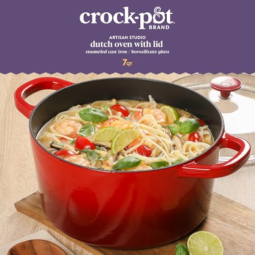 Crock-Pot Crock Pot Artisan 7-Quart Round Enameled Cast Iron Dutch Oven With Borosilicate Glass Lid, Heavy-Duty Cookware for Baking, Roasting & Slow Cooking, Red - Image 2