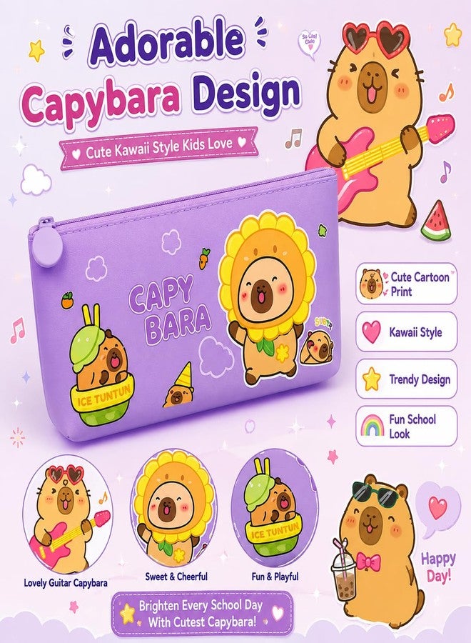 Krujyam Cute Purple Pencil Pouch for Kids, Cartoon Printed Zipper Pencil Case, Slim Lightweight Stationery Organizer Bag for School, Travel & Daily Use (Purple, Capybara Sweet) - Image 5