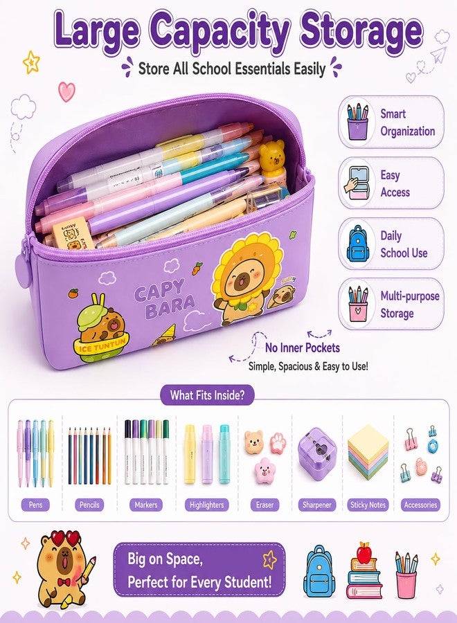 Krujyam Cute Purple Pencil Pouch for Kids, Cartoon Printed Zipper Pencil Case, Slim Lightweight Stationery Organizer Bag for School, Travel & Daily Use (Purple, Capybara Sweet) - Image 3