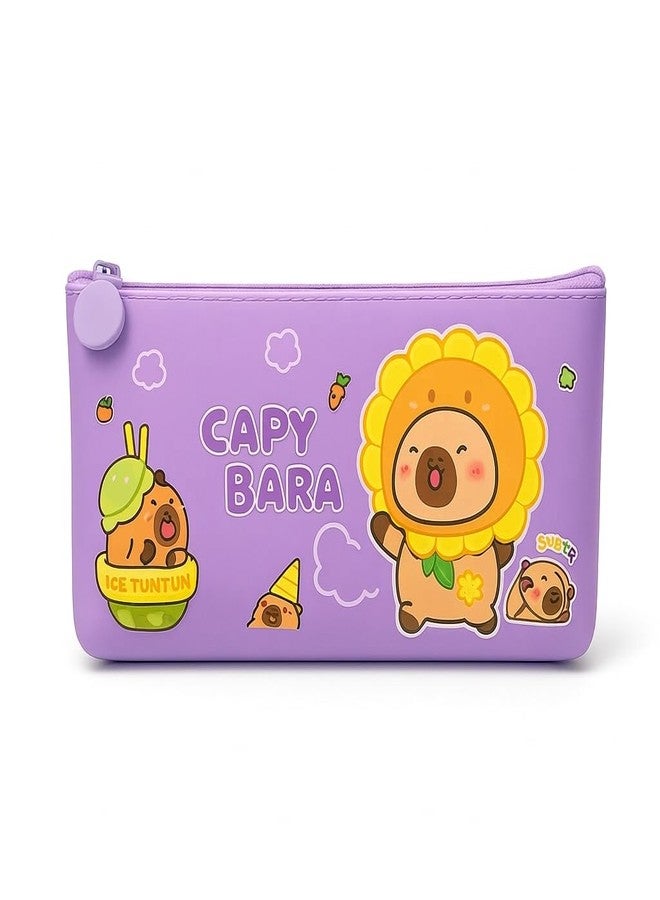 Krujyam Cute Purple Pencil Pouch for Kids, Cartoon Printed Zipper Pencil Case, Slim Lightweight Stationery Organizer Bag for School, Travel & Daily Use (Purple, Capybara Sweet) - Image 1