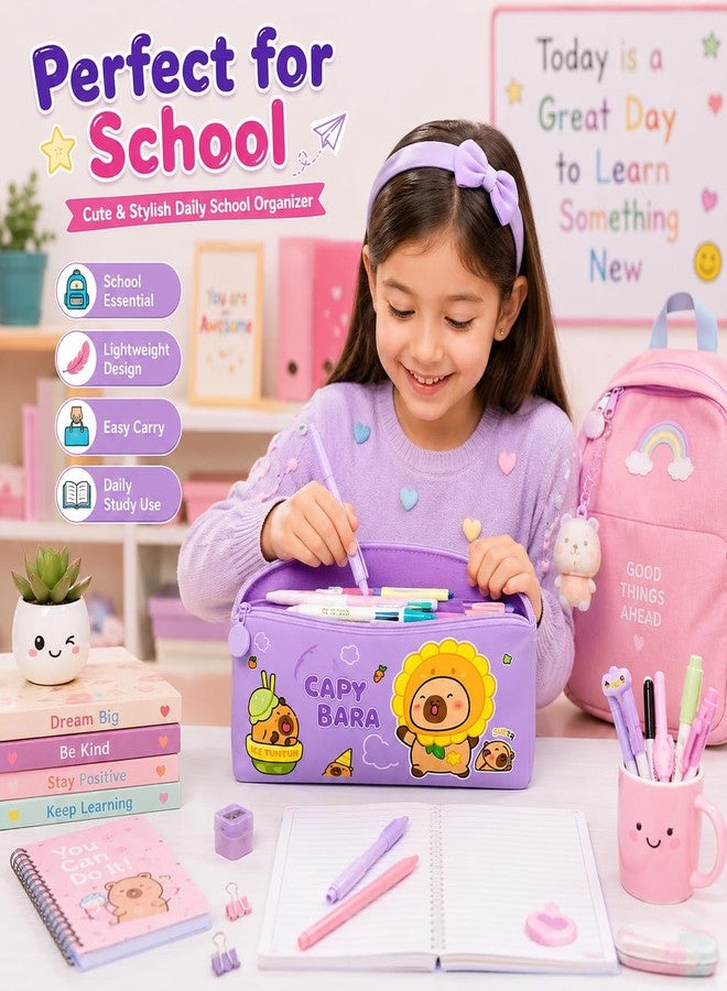 Krujyam Cute Purple Pencil Pouch for Kids, Cartoon Printed Zipper Pencil Case, Slim Lightweight Stationery Organizer Bag for School, Travel & Daily Use (Purple, Capybara Sweet) - Image 4