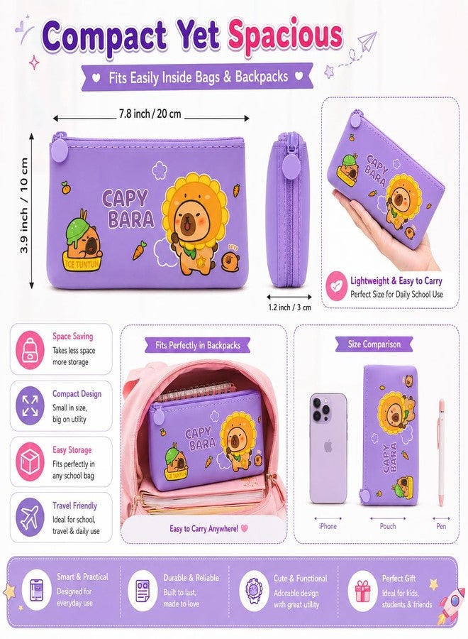 Krujyam Cute Purple Pencil Pouch for Kids, Cartoon Printed Zipper Pencil Case, Slim Lightweight Stationery Organizer Bag for School, Travel & Daily Use (Purple, Capybara Sweet) - Image 2