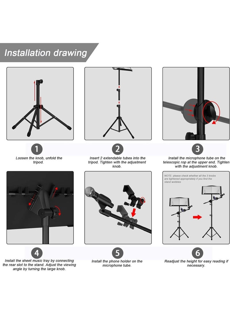 YOUWE7 حامل نوتة موسيقية YOUWE7، حامل نوتة موسيقية قابل للطي مع حامل ميكروفون قابل للفصل وحامل هاتف، محمول وخفيف الوزن مع حامل مشبك نوتة موسيقية وحقيبة حمل للأداء الموسيقي - Image 4