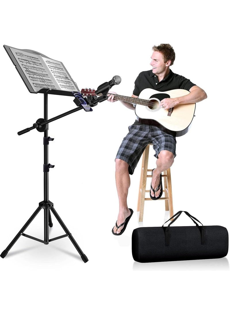 YOUWE7 حامل نوتة موسيقية YOUWE7، حامل نوتة موسيقية قابل للطي مع حامل ميكروفون قابل للفصل وحامل هاتف، محمول وخفيف الوزن مع حامل مشبك نوتة موسيقية وحقيبة حمل للأداء الموسيقي - Image 1