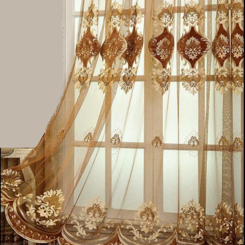 Amidoudou 1 Pair European Luxury Embroidered Sheer Curtains for Living Room Bedroom Tulle Curtains (Coffee,51x90 Inch) - Image 1
