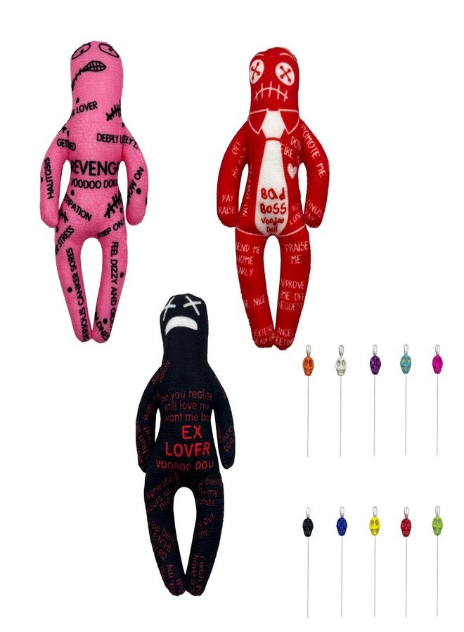 Stitch-Witch Voodoo Dolls, 3 Voodoo Dolls and 10 Skull Head Pins, Revenge, EX Lover, Bad Boss - Image 1