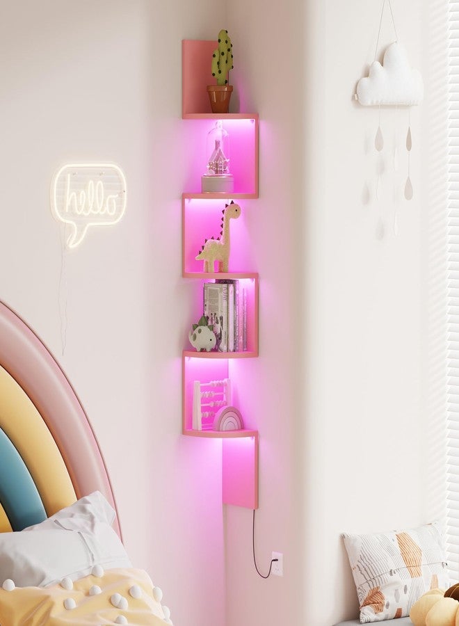 Qupui 5-Tier Corner Shelf with LED Lights, 49 Inch Floating Wall Mounted Corner Shelf for Bedroom Living Room Bathroom, Pink Corner Bookshelf Display Stand with RGB Lighting - Image 1