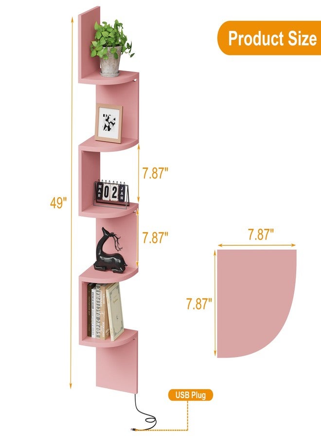 Qupui 5-Tier Corner Shelf with LED Lights, 49 Inch Floating Wall Mounted Corner Shelf for Bedroom Living Room Bathroom, Pink Corner Bookshelf Display Stand with RGB Lighting - Image 2