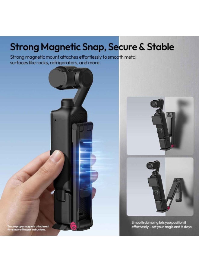 حامل ثلاثي للكاميرا متوافق مع DJI OSMO Pocket 3/4/4 Pro/Luna، يتميز بآلية فك سريع وقاعدة تثبيت مقاس 1/4 بوصة، وعصا سيلفي مغناطيسية قابلة للطي تدعم معايير Uka وArca-Swiss، بالإضافة إلى حامل بخطاف (Mantis Hook) لتصوير الفيديو المكتبي. - Image 3