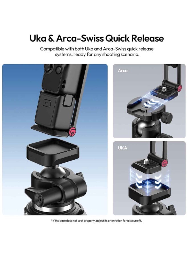 حامل ثلاثي للكاميرا متوافق مع DJI OSMO Pocket 3/4/4 Pro/Luna، يتميز بآلية فك سريع وقاعدة تثبيت مقاس 1/4 بوصة، وعصا سيلفي مغناطيسية قابلة للطي تدعم معايير Uka وArca-Swiss، بالإضافة إلى حامل بخطاف (Mantis Hook) لتصوير الفيديو المكتبي. - Image 2