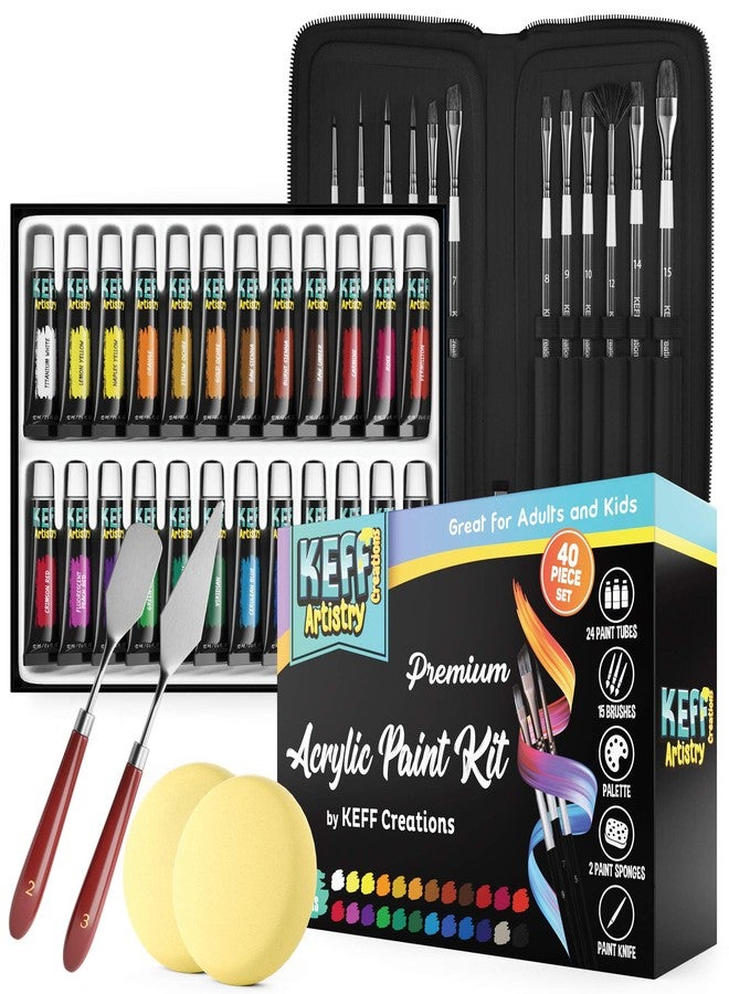 KEFF Creations Acrylic Paint Brush Set, 15 Premium Artist Brushes Kit, 24 Acrylic Paint Set, Paintbrush kit for Canvas, Wood, Fabric, Great Paint Supplies Set for Adults and Kids - Image 1