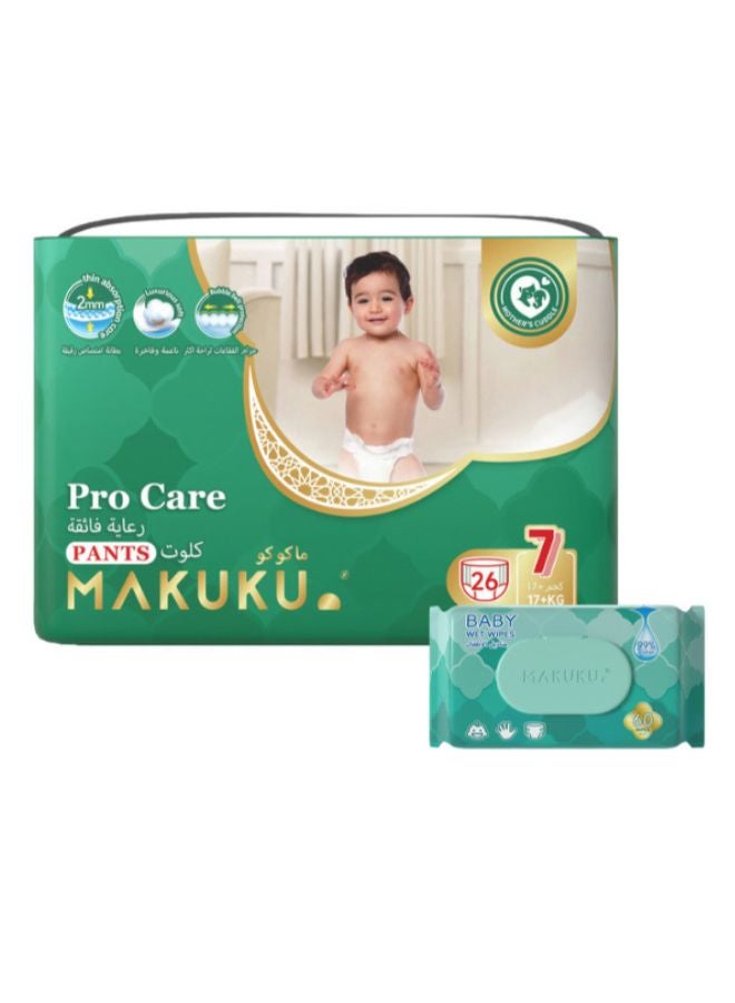 Makuku ProCare Pants XXXLarge Size 7 Diapers 17+ kg And Baby Wipes 26 Diapers + 60 Wipes