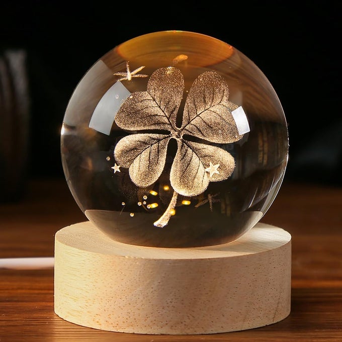 3D FOURLEAF CLOVER CRYSTAL BALL 60MM GOOD LUCK GIFTS IDEAS WITH MULTICOLOR LIGHTING BASE