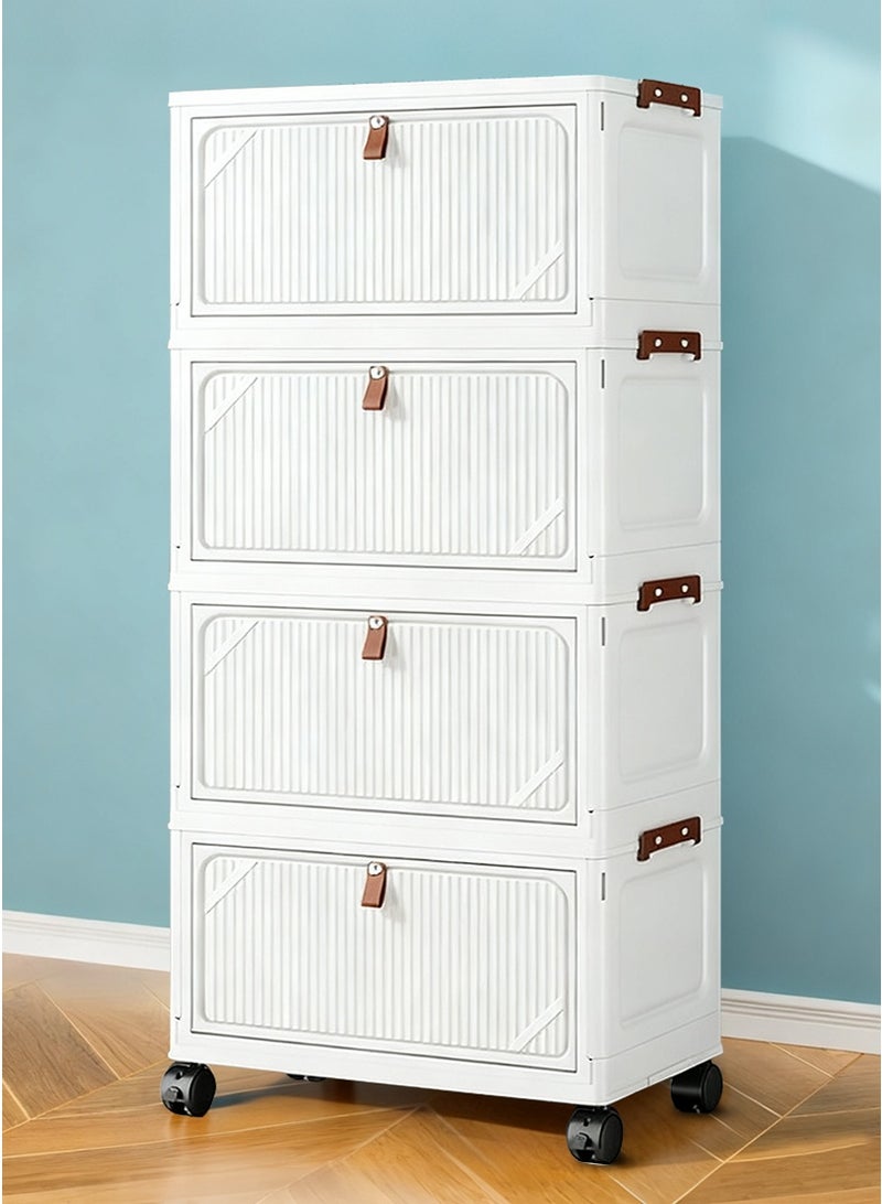 ميرتينج دولاب تخزين بلاستيكي، خزانة تخزين بأربعة رفوف مع أغطية، حاويات تخزين قابلة للتكديس بأبواب مغناطيسية وعجلات، قابلة للطي للاستخدام في المنزل وغرفة المعيشة والمكتب والخزانة، صناديق قابلة للفصل مكونة من 4 طبقات. - Image 1