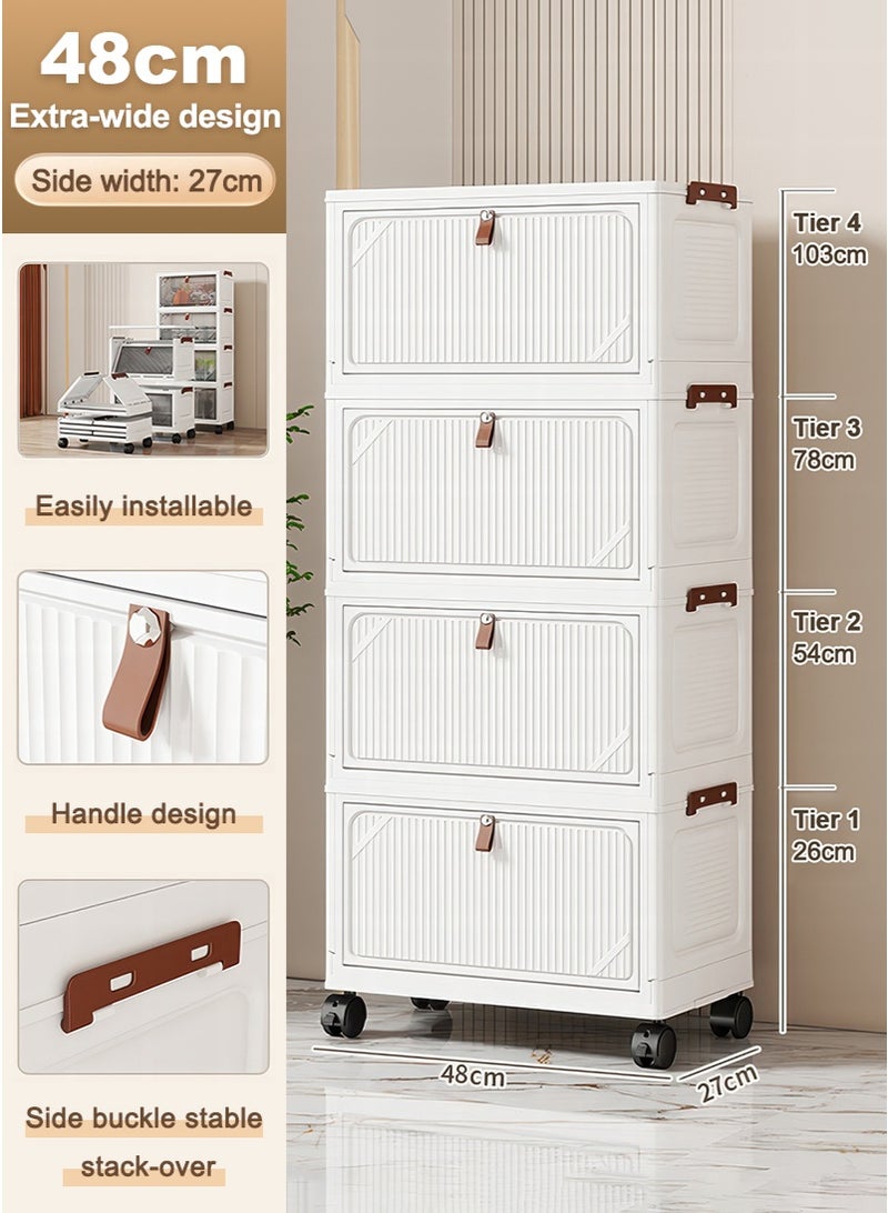 ميرتينج دولاب تخزين بلاستيكي، خزانة تخزين بأربعة رفوف مع أغطية، حاويات تخزين قابلة للتكديس بأبواب مغناطيسية وعجلات، قابلة للطي للاستخدام في المنزل وغرفة المعيشة والمكتب والخزانة، صناديق قابلة للفصل مكونة من 4 طبقات. - Image 2