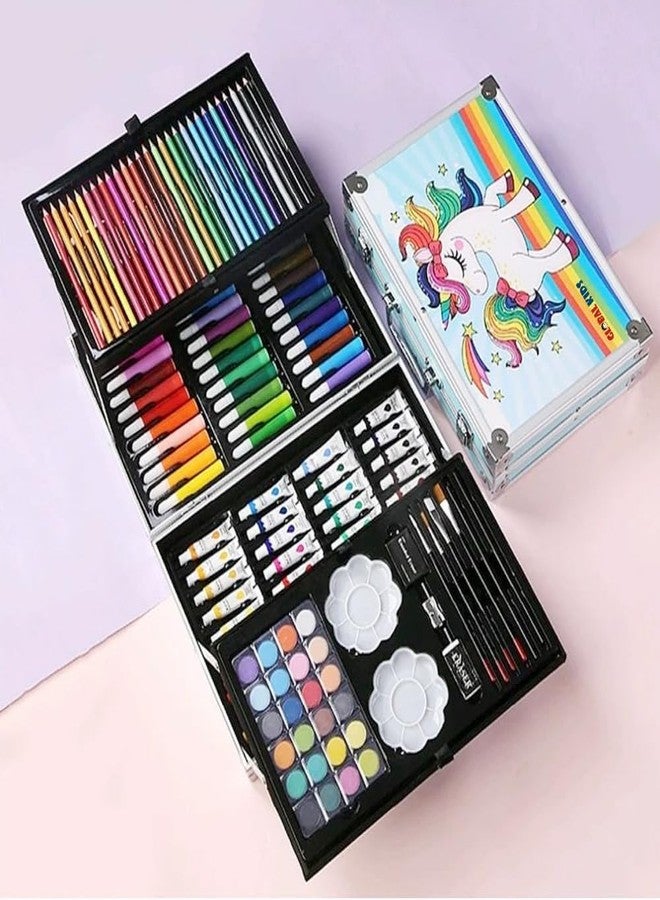 Coku Professional Art & Craft Painting Box with Portable Aluminium Case 145-piece Art Kit Set Drawing Supplies Multiple Coloring Pencils, Crayons, Sketch, Brushes Artist Gift Unicorn-Theme (Blue) - Image 1