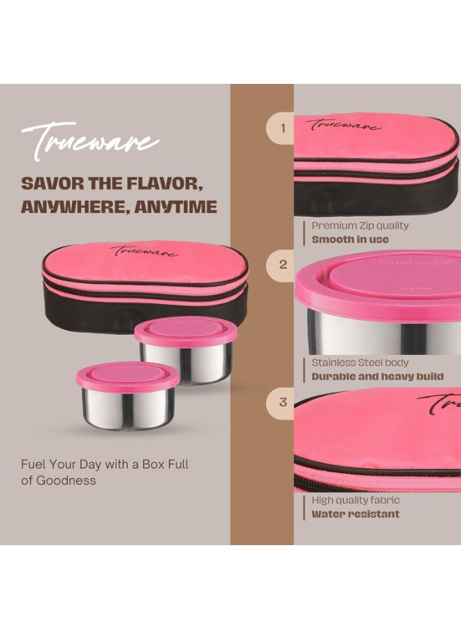 Trueware Super Pack Lunch Box, 2 Round Inner Steel Round Containers 300ml Each with Insulated Bag, Office Tiffin for Leak-Proof, Easy to Carry - Image 3