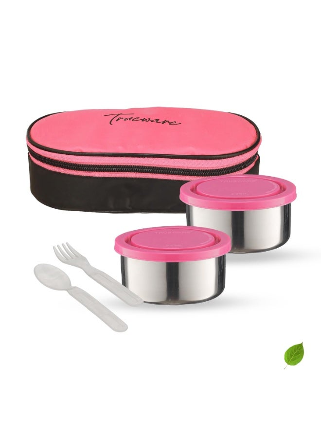 Trueware Super Pack Lunch Box, 2 Round Inner Steel Round Containers 300ml Each with Insulated Bag, Office Tiffin for Leak-Proof, Easy to Carry - Image 1