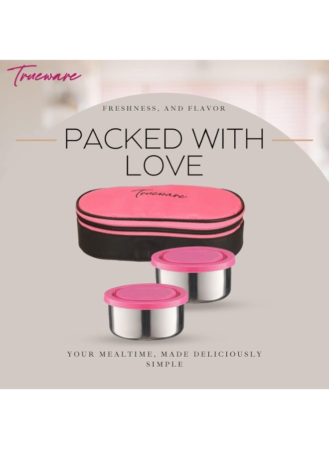 Trueware Super Pack Lunch Box, 2 Round Inner Steel Round Containers 300ml Each with Insulated Bag, Office Tiffin for Leak-Proof, Easy to Carry - Image 2