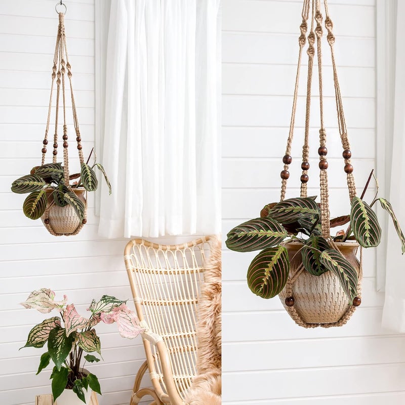 Mkono Macrame Plant Hanger Indoor Jute Hanging Planter Basket with Wood Beads Decorative Flower Pot Holder No Tassels for Indoor Outdoor Boho Home Decor 35 Inch, Brown, Set of 2 (POTS NOT Included) - Image 2