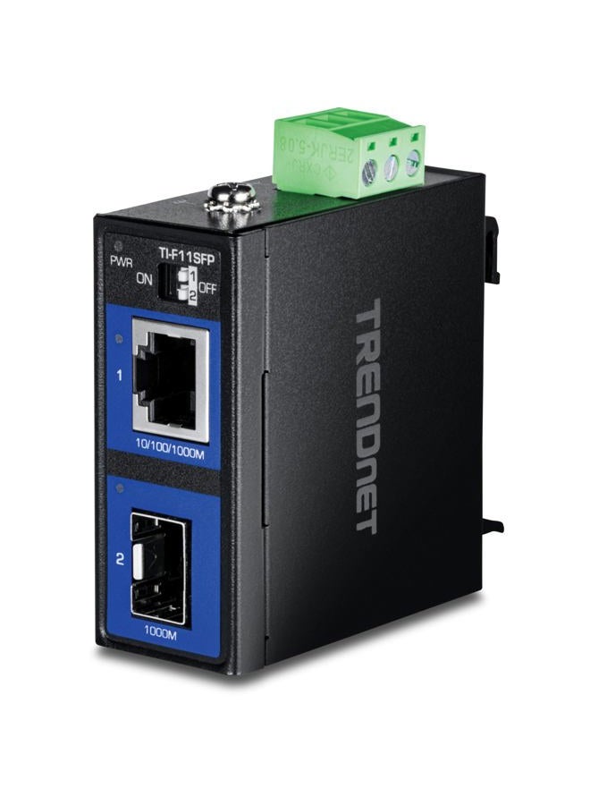 TRENDnet Hardened Industrial 100/1000 Base-T to SFP Media Converter, DIN-Rail/Wall Mount, Multi or Single Mode Fiber, Power Supply Sold Separately, TI-F11SFP, Black, Gigabit - Image 1