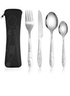 BIGTHREE Cutlery Set Silver, Stainless Steel Flatware, Camping Cutlery Utensil Set with Portable Pouch Case, for Outdoor Travel Picnic Office School Lunch Box, Dishwasher Safe, Mixed Cutlery Sets  - Image 1