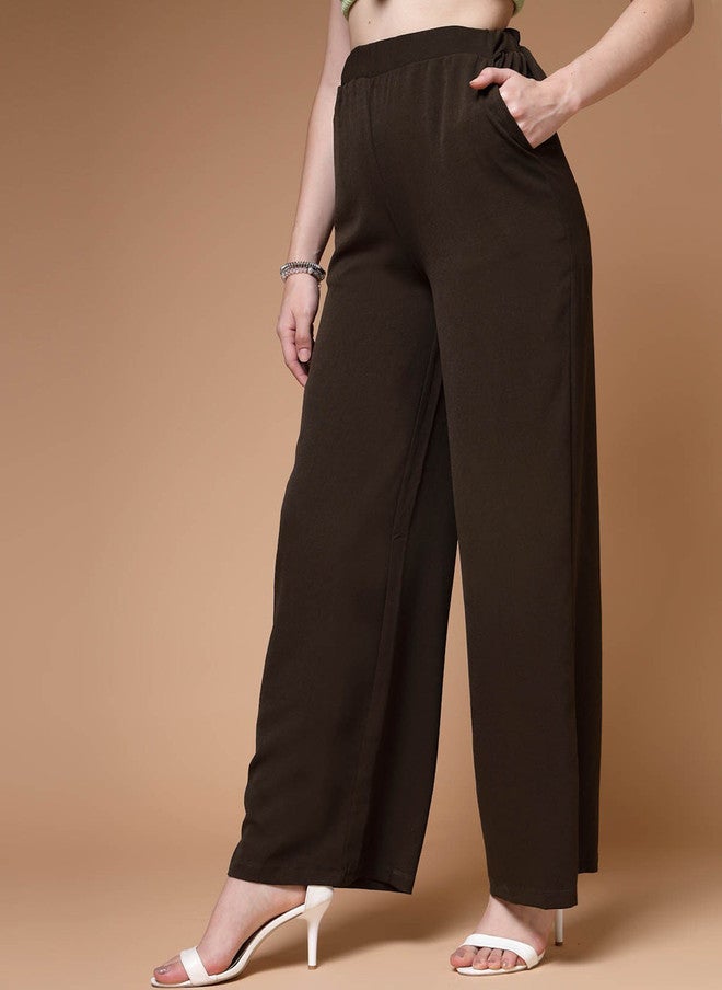 PlusS Brown Mid-Rise Parallel Trousers for Women - Image 3