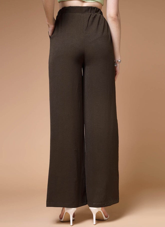 PlusS Brown Mid-Rise Parallel Trousers for Women - Image 4