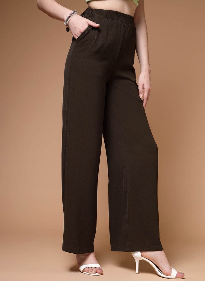 PlusS Brown Mid-Rise Parallel Trousers for Women - Image 2