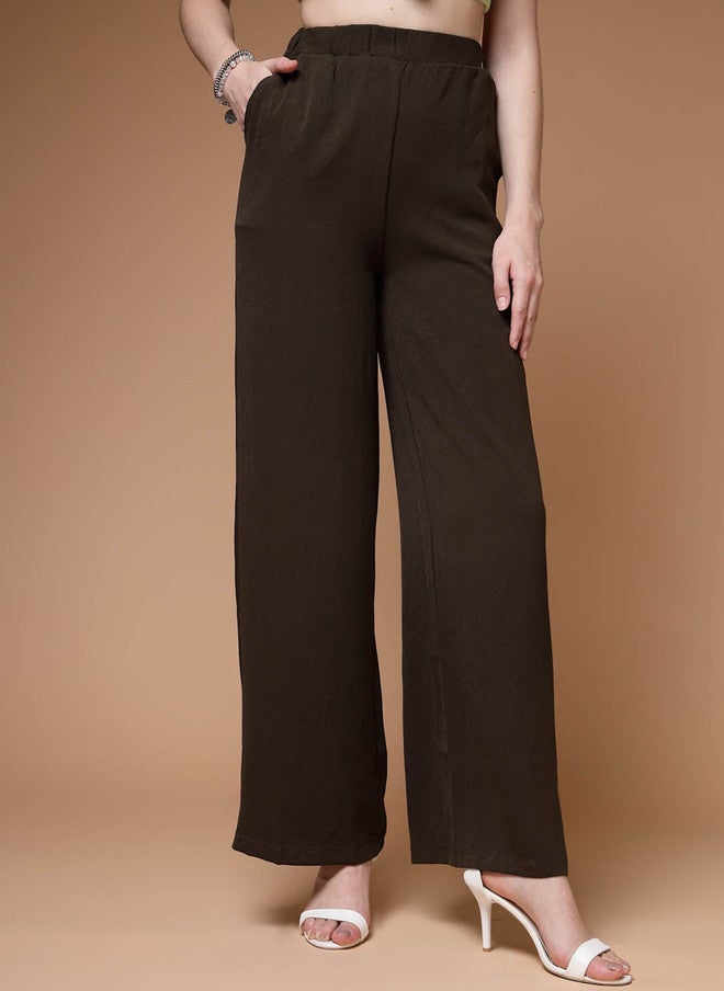 PlusS Brown Mid-Rise Parallel Trousers for Women - Image 1
