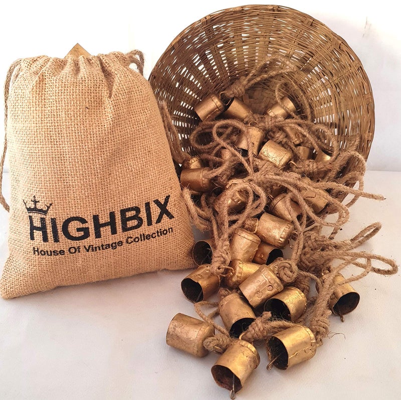 HIGHBIX 4cm Small Vintage Rustic Lucky Tin Metal Cow Bells Handmade Christmas Dcor Bells on Jute Rope 30 Cylinder