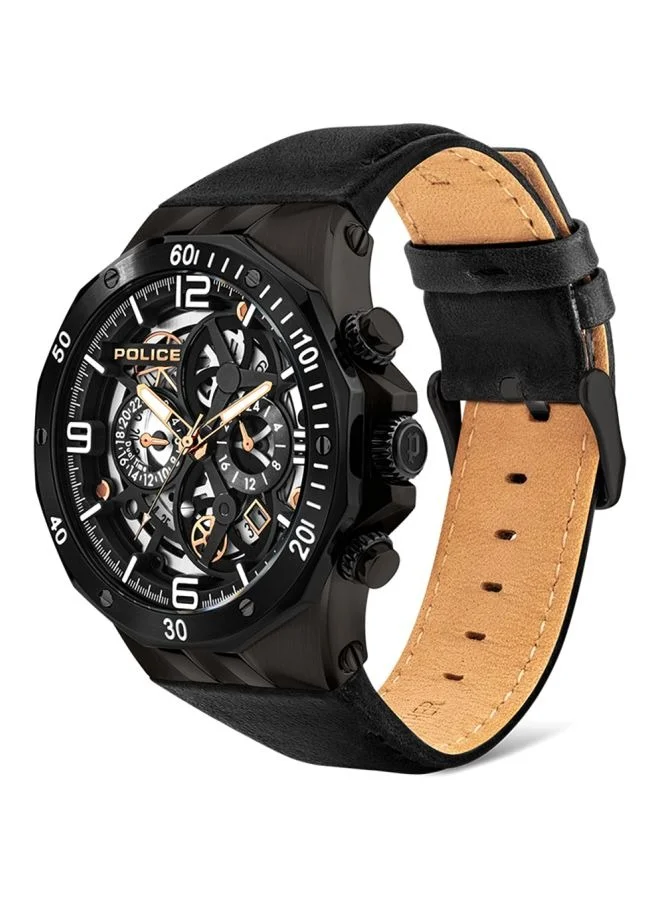 بوليس Rizal Black Dial and Black Leather Automatic Watch for Men 46mm