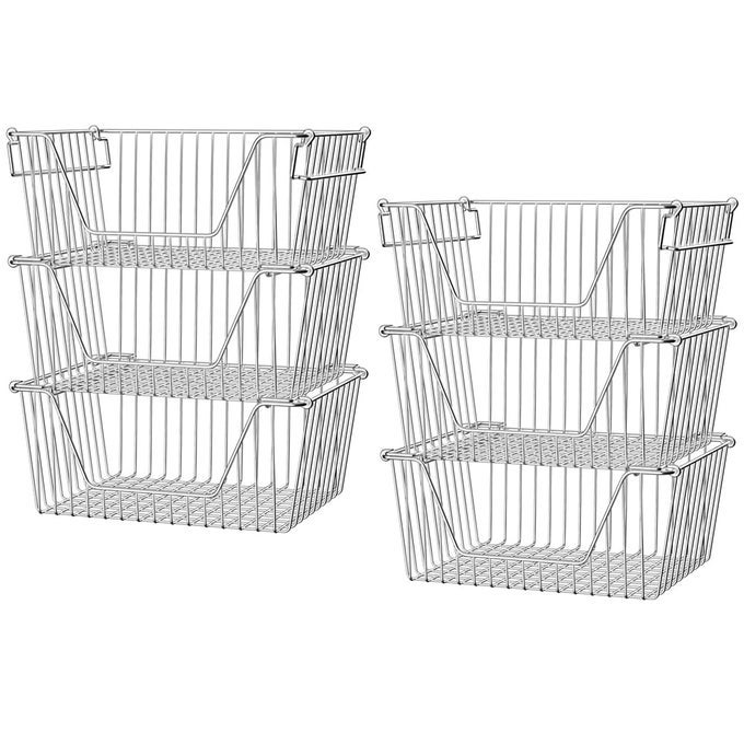 STACKABLE STORAGE BASKETS STAINLESS STEEL CABINET ORGANIZER STURDY METAL WIRE PANTRY FREEZER BIN FOR PANTRY HOME BATHROOM KITCHEN ORGANIZATION 6 PACKS