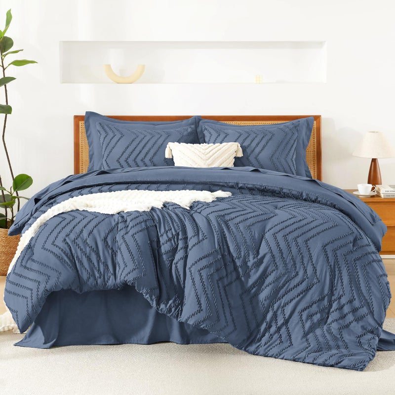 Litanika California King Size Comforter Set with Sheets Ocean Blue 7 Pieces Bed in a Bag Cal King Chevron Tufted Complete Bedding Sets with Comforter Sheets Pillowcases Shams