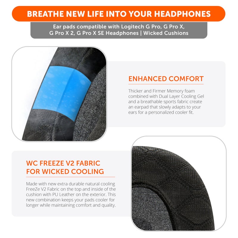 WC Freeze V2 G PRO X â€“ Angled Cooling Gel Earpads Compatible with Logitech G Pro X Series by Wicked Cushions | Angled Pads for Extreme Comfort, New Freeze V2 Cooling Fabric, Extra Thick | Black - Image 4