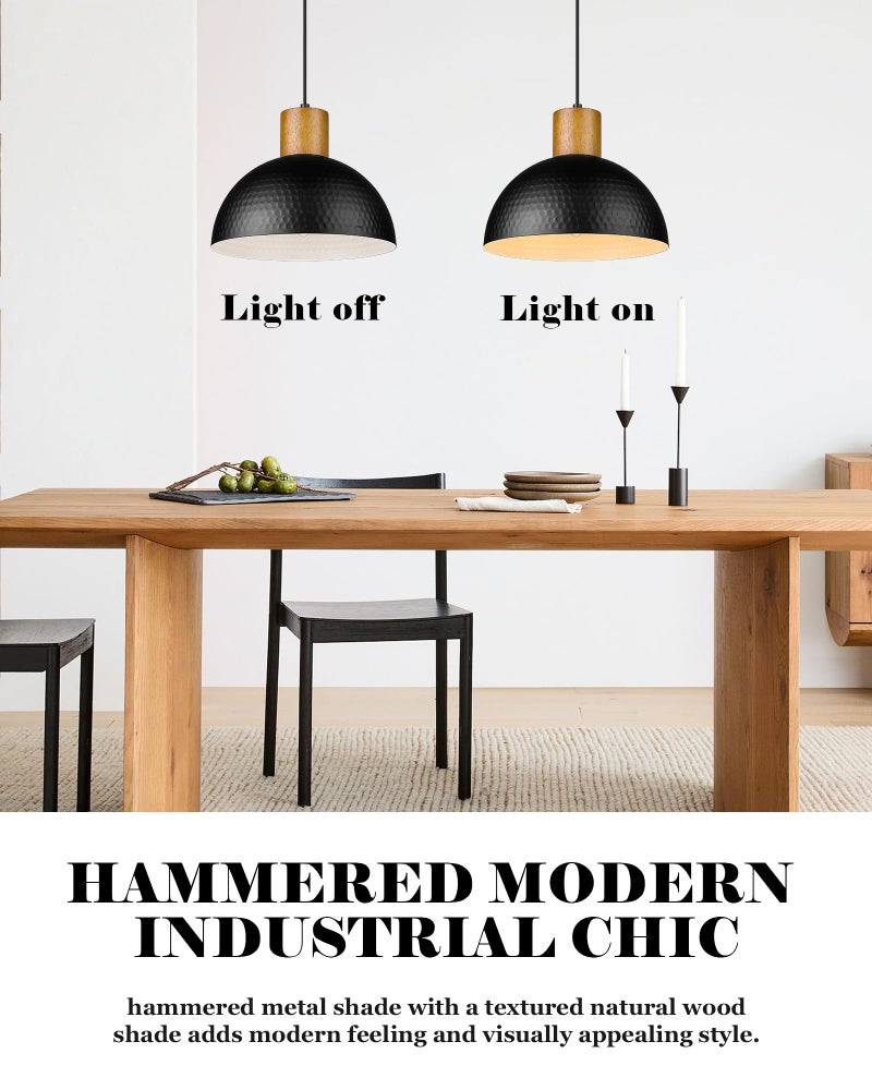 ELYONA 12" Hammered Metal Pendant Light, Rubber Wood Dome Hanging Lamp, Modern Pendant Light Fixtures for Kitchen Island, Bar, Farmhouse Dining Room, Bedroom, Hallway - Black - Image 5