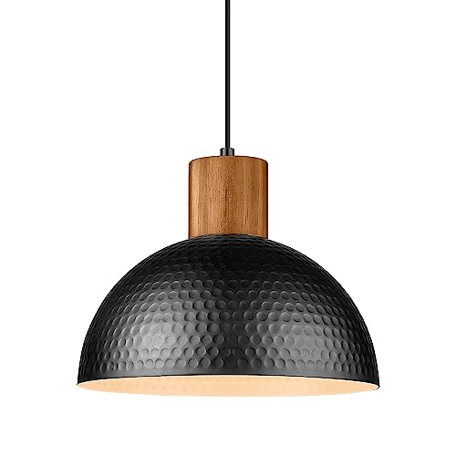 ELYONA 12" Hammered Metal Pendant Light, Rubber Wood Dome Hanging Lamp, Modern Pendant Light Fixtures for Kitchen Island, Bar, Farmhouse Dining Room, Bedroom, Hallway - Black - Image 1