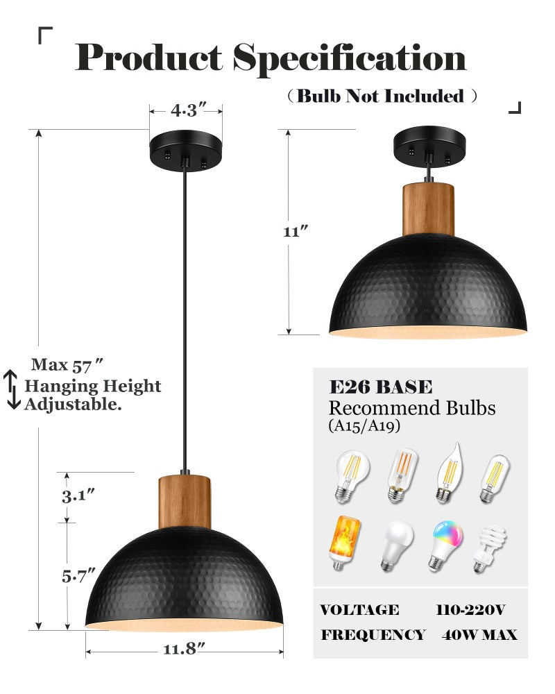 ELYONA 12" Hammered Metal Pendant Light, Rubber Wood Dome Hanging Lamp, Modern Pendant Light Fixtures for Kitchen Island, Bar, Farmhouse Dining Room, Bedroom, Hallway - Black - Image 3