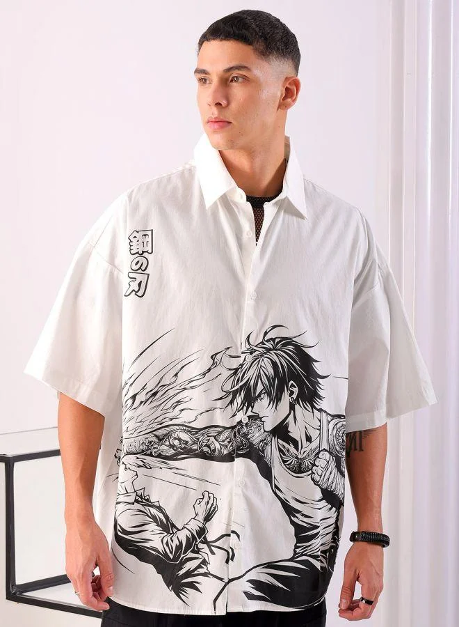 شركة المرآب الهندية Men Oversized Anime Print Half Sleeves Cutaway Collar Street Wear Shirt