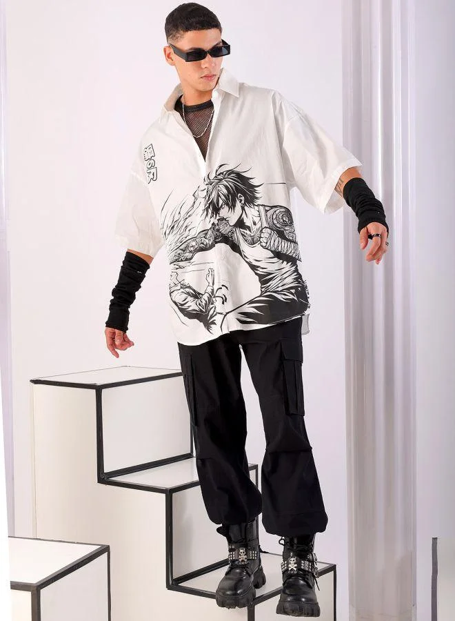شركة المرآب الهندية Men Oversized Anime Print Half Sleeves Cutaway Collar Street Wear Shirt