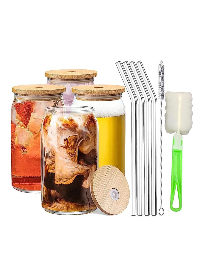 GGEROU 4 Pieces Glass Cups with Bamboo Lids and Glass Straw- Beer Can Shaped Drinking Glasses Set,Cute Boba Drinking Glasses  400ml  - Image 1