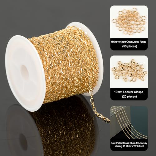 YOUBEIYEE 32.8 Feet 18K Gold Plated Jewelry Chains Bulk, Solid Brass Lip Cable Chain for Women Necklace Bracelet DIY Jewelry Findings - Image 2