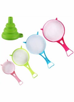 Plastic Mesh Strainer Colander Set, Food Soy Milk Flour Sieve Plastic Colander Strainer with Long Handle Icing Sugar Sifters Fine Strainer Tea Filter and Silicone Foldable Funnel, 4Pcs, Random Color